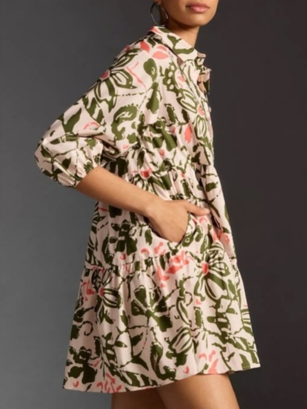 Anthropologie Olive & Blush Floral Tiered Shirt Dress
